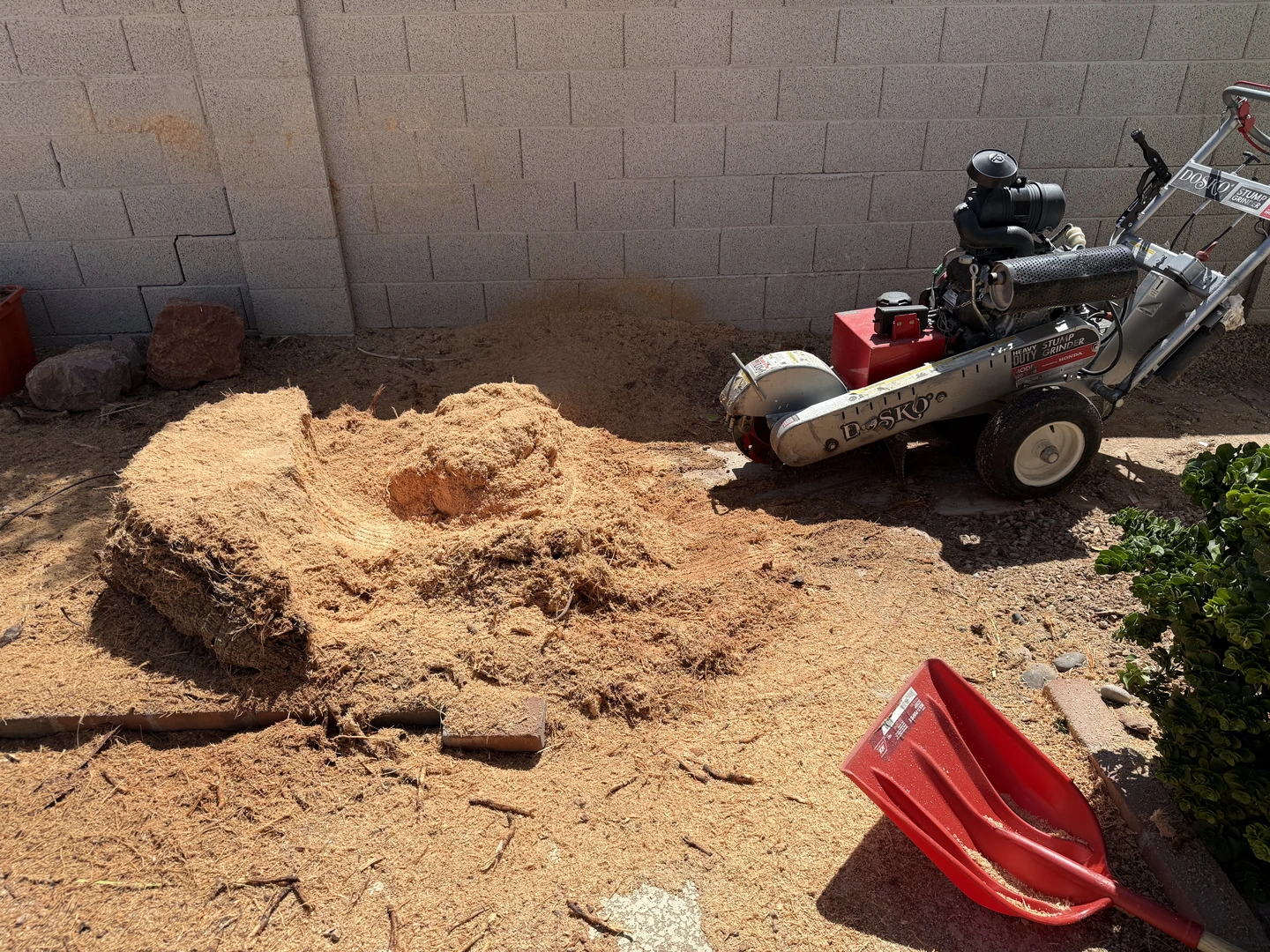 A stump grinder beside a freshly ground stump and wood chips in a yard